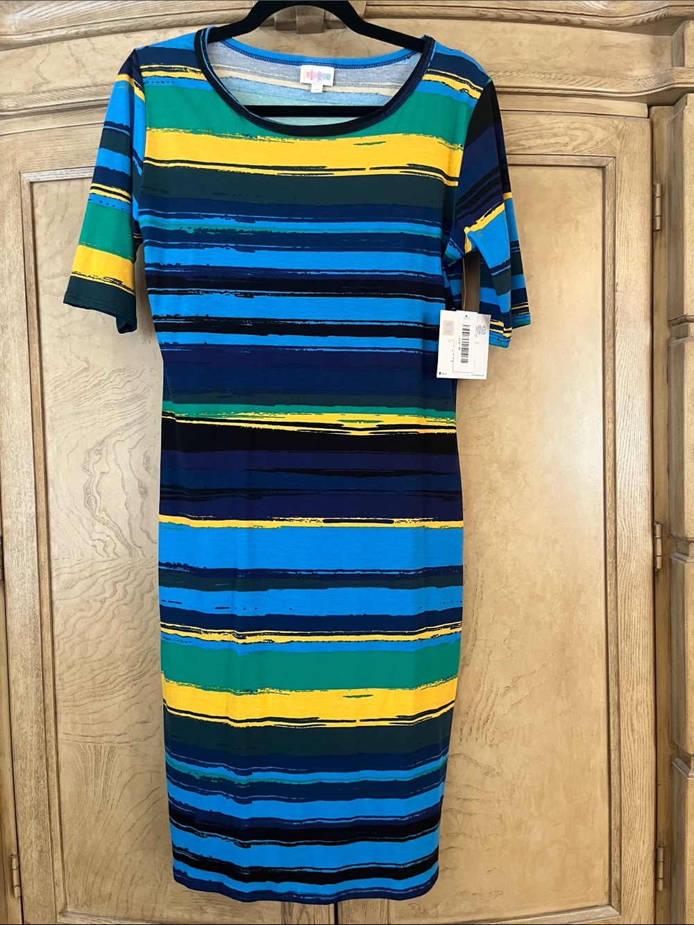 Lularoe Julia Blue, Green & Yellow Striped Knit Midi Dress